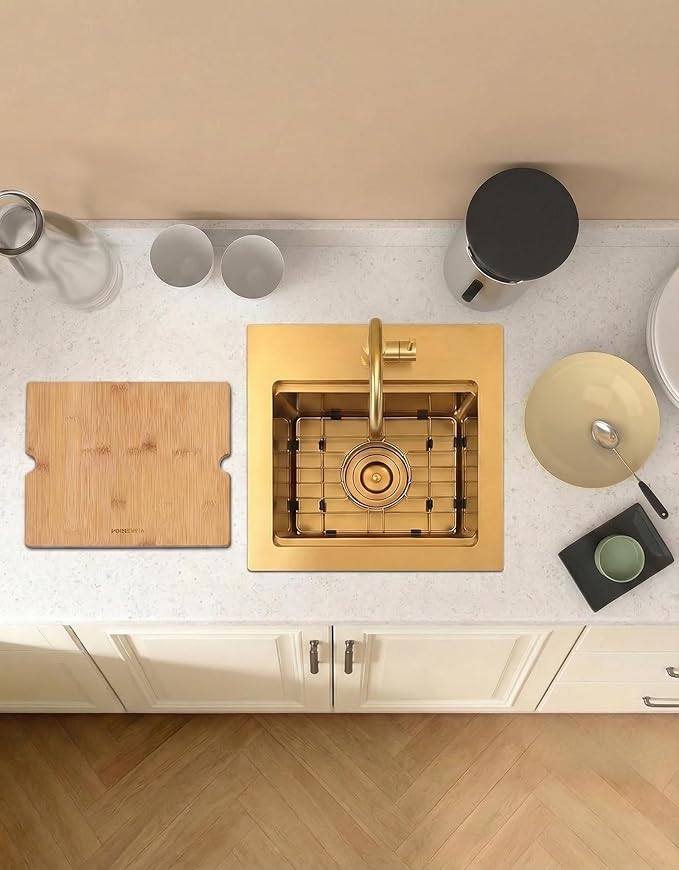 Gold Bar Sink,15 Inch Drop In Gold Kitchen Sink, 15" x 15" x 9" Small but Deep Single Bowl RV Kitchen Sinks, 16 Gauge SUS304 Stainless Steel All In One Workstation Sinks with Accessories