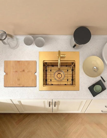 Gold Bar Sink,15 Inch Drop In Gold Kitchen Sink, 15" x 15" x 9" Small but Deep Single Bowl RV Kitchen Sinks, 16 Gauge SUS304 Stainless Steel All In One Workstation Sinks with Accessories