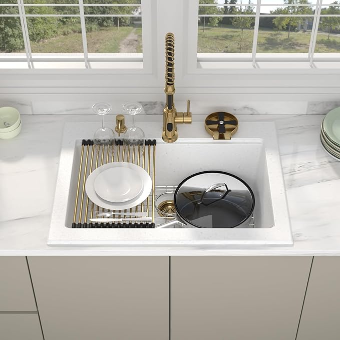 30 Granite Composite Kitchen Sink - Beslend 30x22 Drop In White Kitchen Sink with High Pressure Glass Rinser, Granite Composite Worksation White Sinks Easy Clean Quartz Basin for Kitchen Remodel