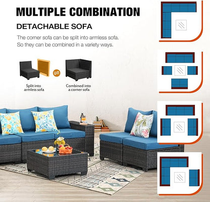 JOYURE 8 Pieces Patio Furniture Set All-Weather Outdoor Wicker Sectional Conversation Sofa Rattan Patio Seating Sofa with Cushion and Glass Table for Porch Poolside,Peacock Blue