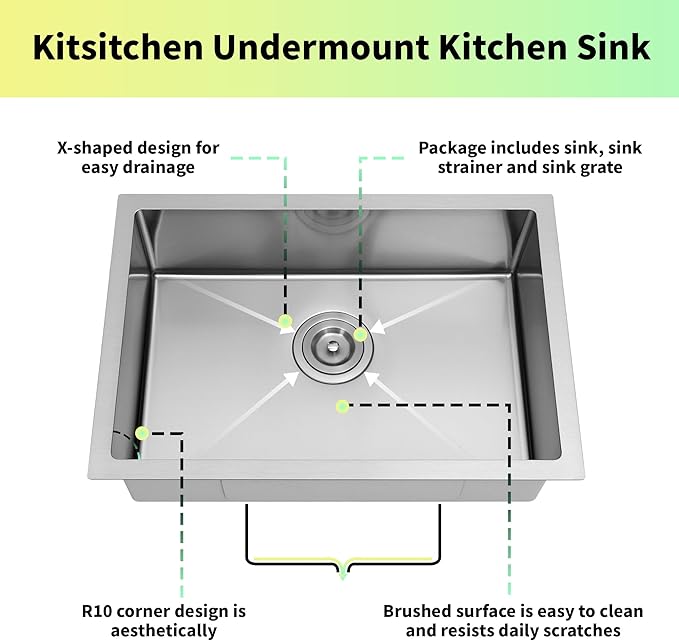 Kitsitchen RV Kitchen Sink 25 Inch, Stainless Steel Undermount Single Bowl Kitchen Sinks, 7 Inch Depth RV Sink with Strainer & Bottom Gird, Outdoor Camper Prep Sinks(25" x 16" x 7")