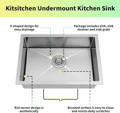 Kitsitchen RV Ktichen Sink, 27" x 16" x 7" Stainless Steel Undermount Kitchen Sinks with Sink Drain Strainer & Bottom Gird, Single Bowl Kitchen Sink Used At RV, Outdoor,Bathroom,Camper