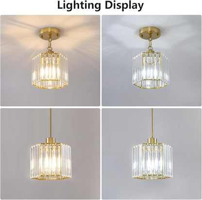XSDeTu 2 Pack Gold Pendant Lights Kitchen Island, Modern Crystal Pendant Light Fixtures, 1-Light Small Farmhouse Chandelier, Adjustable Brass Hanging Light Fixture for Dining Room, Hallway, Bedroom