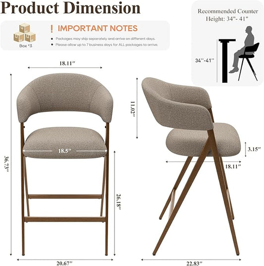 COLAMY Bar Stools Set of 6, Counter Height Bar Stools with Back, Modern Upholstered Island Stools with Metal Legs for Kitchen Island, Counter, Dining Room,Taupe