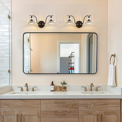 Vintage Bathroom Vanity Light Fixtures - 2 Light Antique Matte Black Bathroom Lights Fixture Over Mirror with Clear Flower Glass,Retro High End Wall-Mounted Vanity Lighting for Bath Powder Room