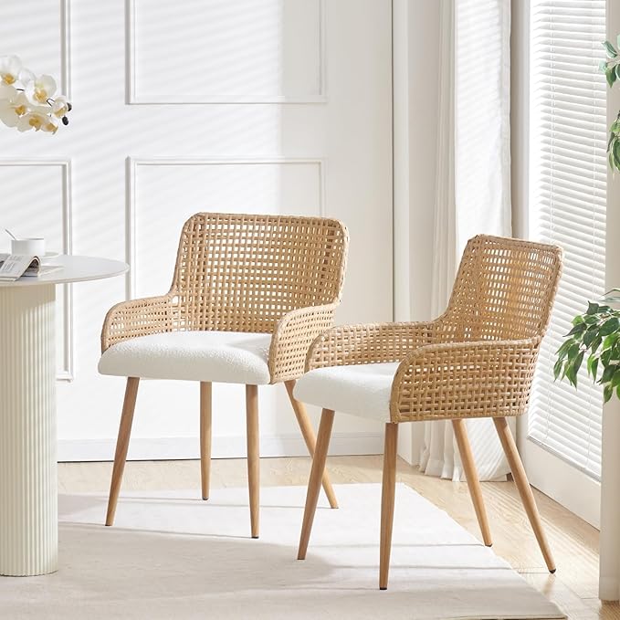 Rattan Dining Chairs,Upholstered Boucle Fabric Dining Chairs with Armrest and PE Cane Backrest, Mid Century Modern Dining Room Chairs with Metal Legs for Kitchen Island,Set of 4