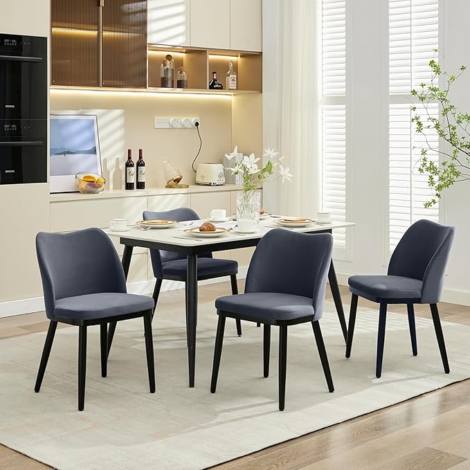 4 Dining Chairs: Upholstered Velvet Dining Room Side Chairs, Chair for Dining Room with Padded Seat and Wood Legs-Modern Dining Chairs for Restaurant, Kitchen, Cafe, Living Room(Dark Grey)