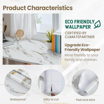 practicalWs Glossy Marble Wallpaper Peel and Stick White/Gold Granite Contact Paper Removable Wall Paper for Kitchen Countertop Cabinet Furniture 17.7" x 78.7"