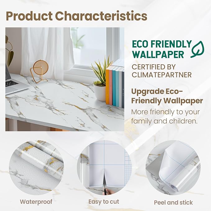 practicalWs Glossy Marble Wallpaper Peel and Stick White/Gold Granite Contact Paper Removable Wall Paper for Kitchen Countertop Cabinet Furniture 17.7" x 196.8"