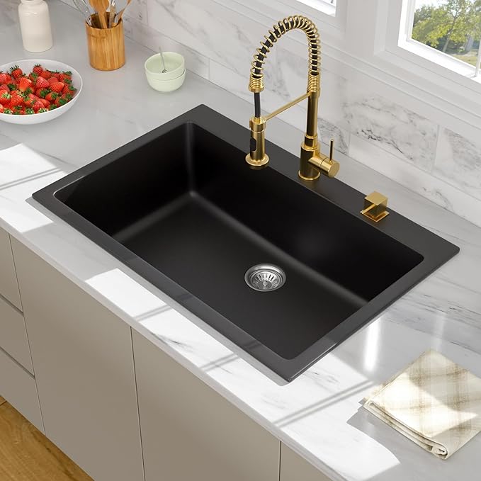 33 Granite Composite Kitchen Sink - Beslend 33x22 Inch Drop In Granite Kitchen Sink Topmount Black Quartz Sinks Classic Above Counter Single Bowl Basin
