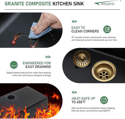 33 Inch Black Undermount Kitchen Sink Workstation - Couoko 33"x19" Black Granite Composite Kitchen Sink Quartz Classic Under Counter Single Bowl Kitchen Sinks Basin with Luxury Accessories