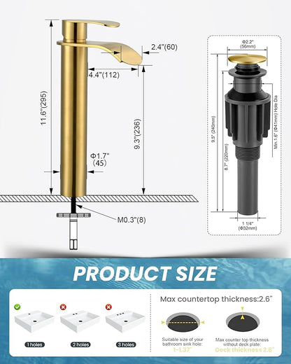 Vessel Sink Faucet Gold for Bathroom：WOWOW Single Handle Tall Bathroom Faucet - Waterfall Single Hole Mixer Bar Tap with Large Rectangular Spout, Deck Mount Lavatory Vanity with Pop Up Drain