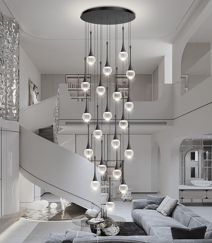 20 Light Crystal Chandelier for High Ceiling Dimmable LED Pendant Lights with Remote Adjustable Chandeliers for Staircase Foyer Living Room Black