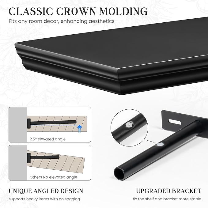 Fun Memories Floating Shelves 36 Inch Long, 9.3 Inch Deep Classic Crown Molding Floating Shelves for Wall, Rustic Wooden Shelves for Wall Decor Bathroom, Kitchen, Office, (Black, 2Pack)