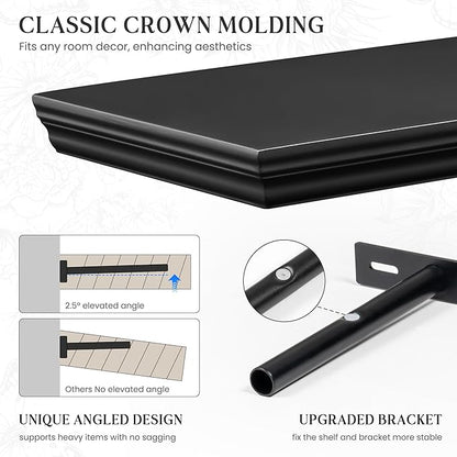 Fun Memories Floating Shelves 36 Inch Long, 9.3 Inch Deep Classic Crown Molding Floating Shelves for Wall, Rustic Wooden Shelves for Wall Decor Bathroom, Kitchen, Office, (Black, 2Pack)