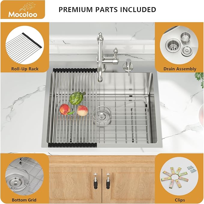 Mocoloo 25 Inch Drop In Kitchen Sink - 25 x 22 Stainless Steel Kitchen Sinks Topmount 16 Gauge Single Bowl Above Counter Handmade Sink, 10'' Deep Basin