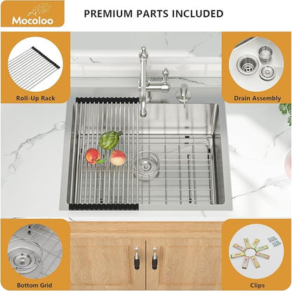 Mocoloo 25 Inch Drop In Kitchen Sink - 25 x 22 Stainless Steel Kitchen Sinks Topmount 16 Gauge Single Bowl Above Counter Handmade Sink, 10'' Deep Basin
