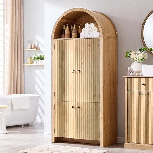 IFBUY 71" Tall Arched Bathroom Storage Cabinet, Modern Fluted Storage Cabinet w/Doors, 3 Adjustable Shelves, 6 Door Shelves, Wood Freestanding Cabinet for Bathroom, Entryway, Hallway, Natural