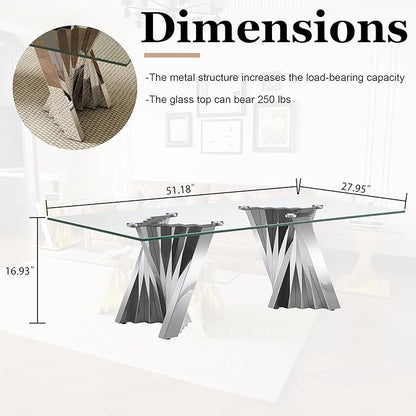 Glass Coffee Table, 51" Center Table with Tempered Glass Tabletop and Mirror Finish Stainless Steel Legs, Modern Rectangular Tea Table for Living Room, Office, Apartment