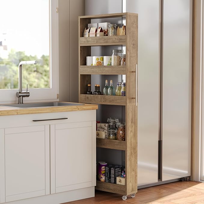 LITTLE TREE 63-Inch Slim Storage Cart on Wheels, 5-Tier Tall Narrow Mobile Shelf Organizer, Rolling Utility Cart with Metal Handle for Kitchen, Dining Room, Small Spaces, Brown