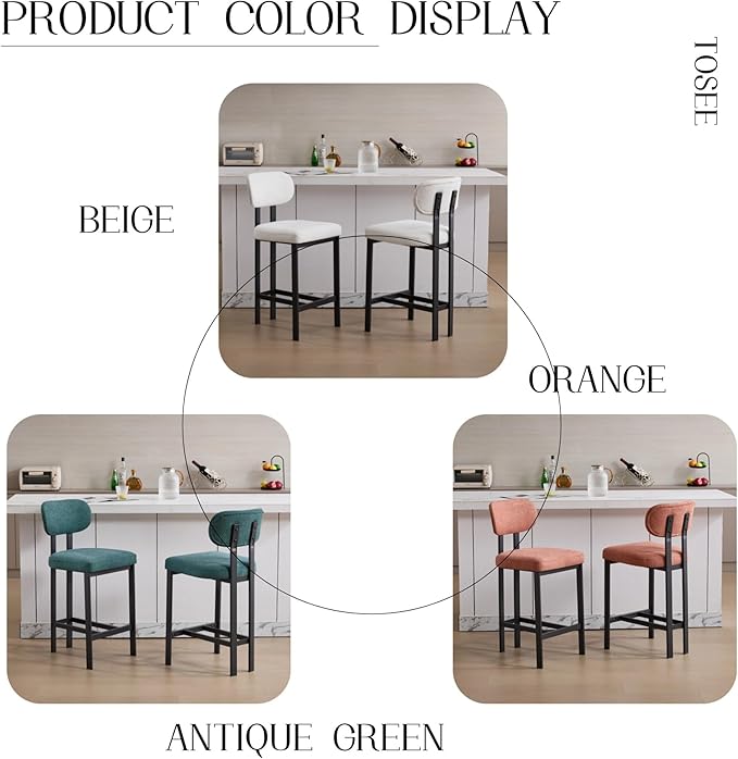 Bar Stools Set of 2, 26 inch Counter Height - Modern Upholstered Kitchen Island Chairs with Metal Legs for Dining & Bar Areas