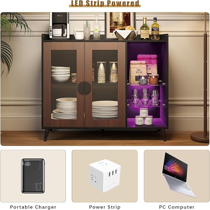HedoAjim Sideboard Buffet Cabinet with Storage, Farmhouse Buffet Table Coffee Bar Storage Cabinet with 4 Doors, 3 Drawers and Shelves, Sideboard for Dining Room Kitchen (Brown)