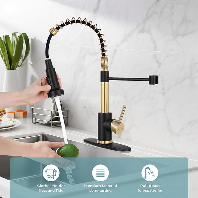 Kitchen Faucet with Pull Down Sprayer,Commercial Single Handle Stainless Steel Kitchen Faucets with Deck Plate (Brush Gold&Black)