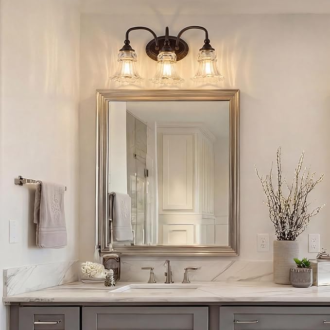 3-Light Bathroom Light Fixtures Vintage Oil Rubbed Bronze Vanity Lights Over Mirror with Floral Glass Shade for Bathroom Powder Room, Living Room Hallway