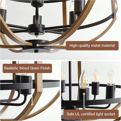 23.6" Farmhouse Chandelier for Dining Room, 6-Light Rustic Brown Faux Wood Pendant Light Fixtures, Black Frame Foyer Chandelier for Entryway Kitchen Island Bedroom Living Room