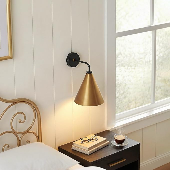 Vintage Modern Metal Conical Wall Sconce - Retro Gold Wall Lamp, Decorative Inspired Cone Black Wall Mount Lighting Fixture for Bedroom, Living Room, Hallway(9.8“L x 9.8" W x 12.5" H Gold)