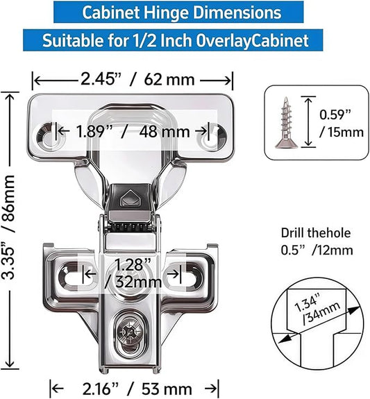 Cabinet Hinges - 40 Pack for 1/2 inch Overlay Cabinet, Face Frame Concealed 105Deg Self Closing Hinges, Stainless Soft Close Cabinet Door Hinges with Mounting Screws and Repair Plate