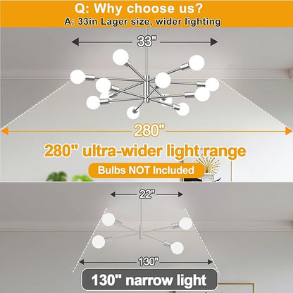 33" Modern Chandelier Ceiling Light Fixture, 12-Light Sputnik Chandeliers Brushed Nickel Mid Century Chandelier Over Table, Height Adjustable Chandeliers for Dining Room Living (Bulbs Not Included)