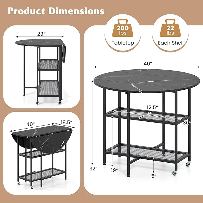 Giantex 40" Folding Dining Table with Lockable Wheels, Storage Shelves, Space-Saving Drop Leaf, Movable & Expandable Round Kitchen Table for Dinette Small Place Apartment Living Room (Black)