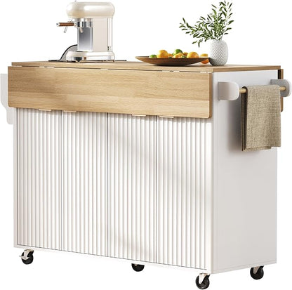 Modern Dining Table Kitchen Island with 2 Drop, Cart with Power Outlet, 4 Doors, Spice Rack, Rolling Wood Grain Top Table, Curved Edge for Living Room,White-MDF
