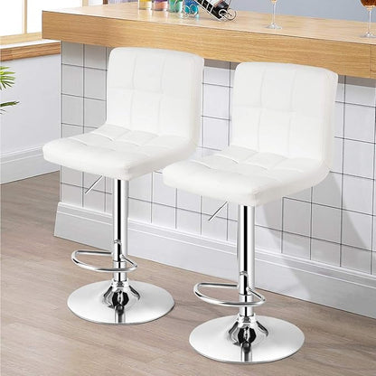 COSTWAY Adjustable Bar Stools Set of 2, Modern Swivel PU Leather Bar Chair with Backrest, Soft Cushioned Seat, Footrest, Sturdy Metal Frame, Comfortable Barstools for Kitchen Island, Pub, White