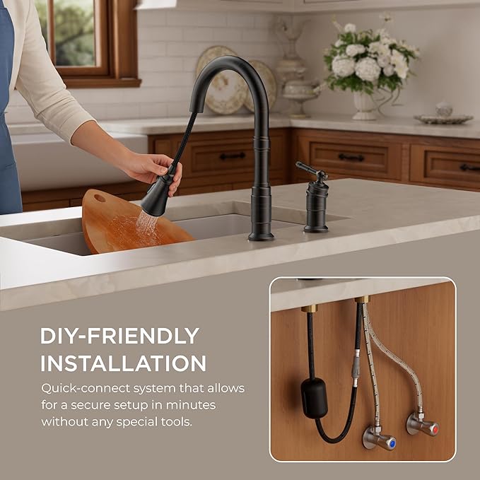FORIOUS 2 Hole Kitchen Faucet with Pull Down Sprayer, Stainless Steel Rustic Kitchen Sink Faucet 3 Spray Modes with Single Seperate Handle, Suitable for Farmhouse Outdoor Rv Bar, Oil Rubbed Bronze