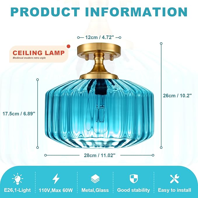 Blue Glass Ceiling Light, Flush Mount Light Fixture Ribbed Glass Shade, Vintage Farmhouse Lighting for Bedroom, Living Room, Kitchen, Bathroom, Nursery, Hallway