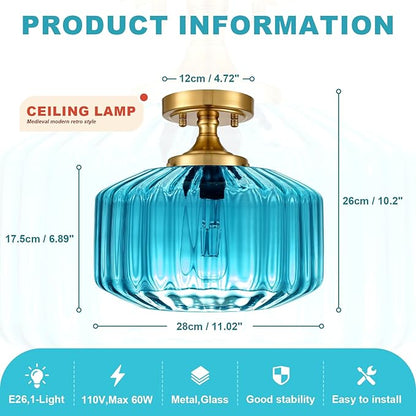 Blue Glass Ceiling Light, Flush Mount Light Fixture Ribbed Glass Shade, Vintage Farmhouse Lighting for Bedroom, Living Room, Kitchen, Bathroom, Nursery, Hallway