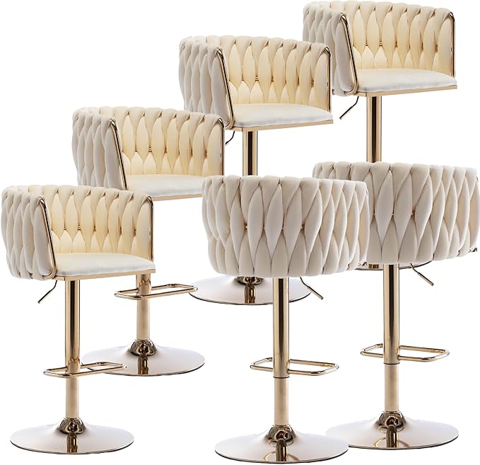 Rhomtree 24-32 Inch Swivel Bar Stools, Adjustable Counter Height Barstools with Nailheads Trim, Velvet Woven Tufted Back and Golden Footrest, Upholstered Bar Chairs Bar Kitchen Island(Ivory Set of 6)