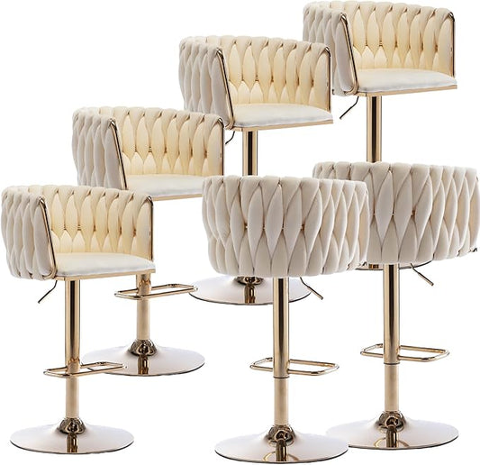 Rhomtree 24-32 Inch Swivel Bar Stools, Adjustable Counter Height Barstools with Nailheads Trim, Velvet Woven Tufted Back and Golden Footrest, Upholstered Bar Chairs Bar Kitchen Island(Ivory Set of 6)