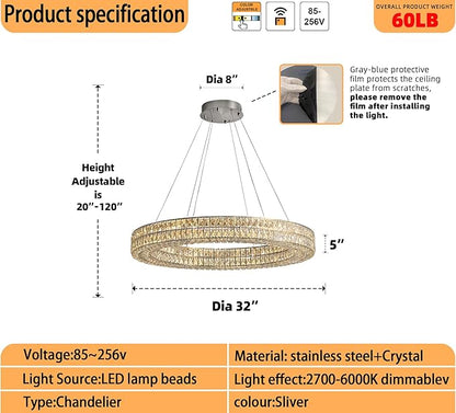 47.5in Large Ring Chandelier Round Crystal Chandelie for Living Room Led Dimmable Ring Pendant Light Ceiling Lighting 2700k-6000k