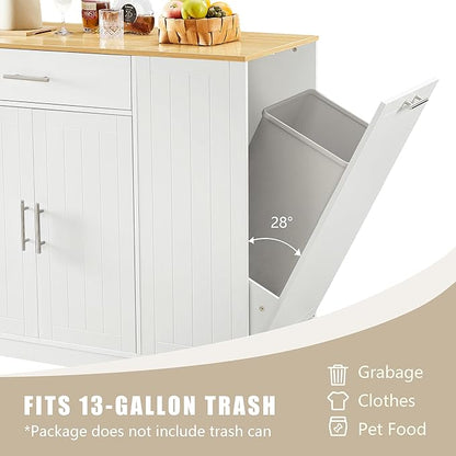 53 inch Large Kitchen Island Cart with Trash Can Storage Cabinet,Drawer and Adjustable Shelves,Breakfast Bar Cabinet for 13 Gallon Garbage Bin (White+Oak@w)