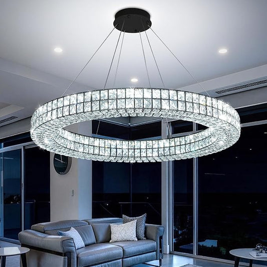 Large Ring Chandelier 47.5 inch Black Modern Crystal Chandelier Lighting High Ceiling Foyer Chandeliers for Living Room Dining Room Staircase Led Dimmable 2700k-6000k