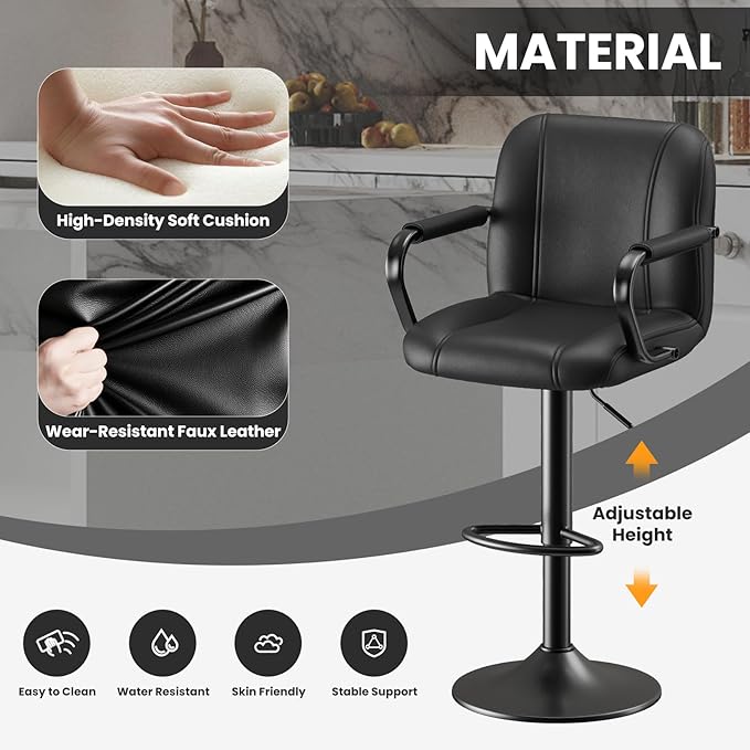 MALOL Set of 2 Modern Bar Stools with Backs - Adjustable High Chairs for Kitchen Island, Barstools for Home Bar, Island Stools, Sillas Altas para Barra de Cocina, Black PU Leather