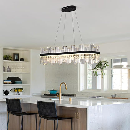 Black Led Modern Crystal Chandelier: 39.3" Rectangle Linear 3 Color Dimmable Chandeliers for Dining Room Over Table - Luxury Rectangular Contemporary Oval Light Fixture for Living Room Bedroom Foyer