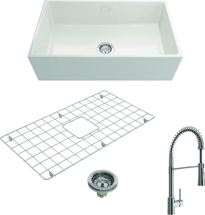 BOCCHI Contempo Apron Front Fireclay 33 in. Single Bowl Kitchen Sink in White with Stainless Steel Faucet