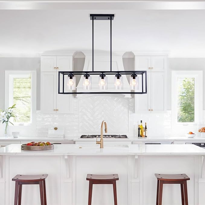Black Rectangle Kitchen Island Lights Rectangular Modern Industrial Chandelier for Dining Room 5 Lights Linear Vintage Cage Light Fixtures