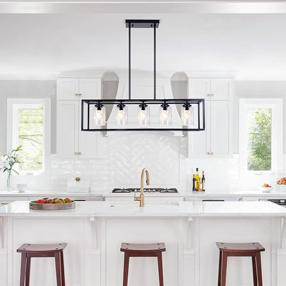 Black Rectangle Kitchen Island Lights Rectangular Modern Industrial Chandelier for Dining Room 5 Lights Linear Vintage Cage Light Fixtures