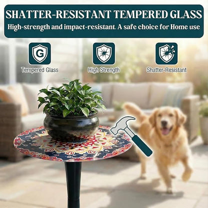Simmer Stone 13.4" Outdoor Side Table, Round Patio Bistro Table Printed Tempered Glass Top, Waterproof Rust-Proof Base, Small Plant Stand for Balcony, Garden, Deck, 21.6" H (Ochre Color)