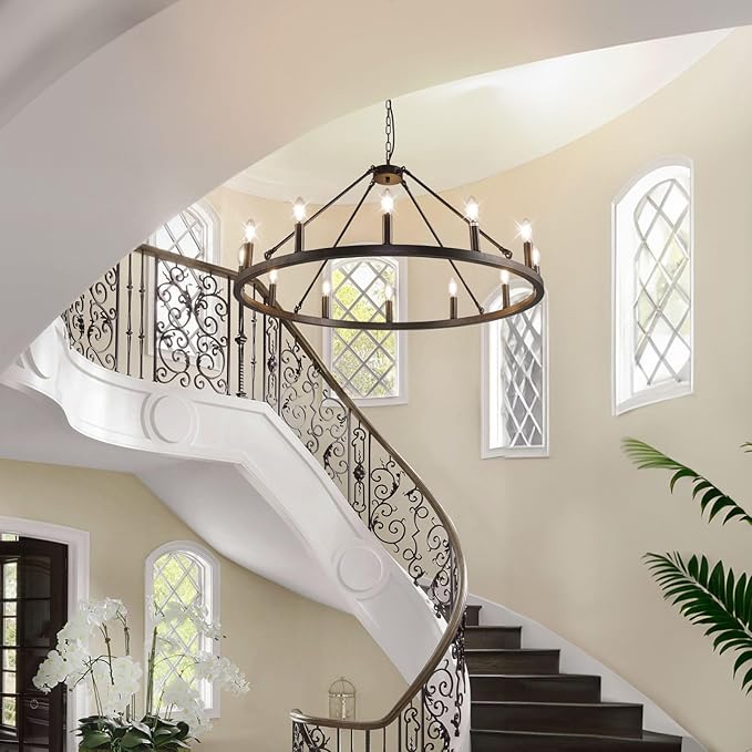 12-Light Black Farmhouse Chandelier, Large Wagon Wheel Chandeliers, Rustic Entryway Lighting Fixture, Foyer Chandeliers for High Ceilings, Round Chandelier for Living Room, Bedroom, Kitchen Island